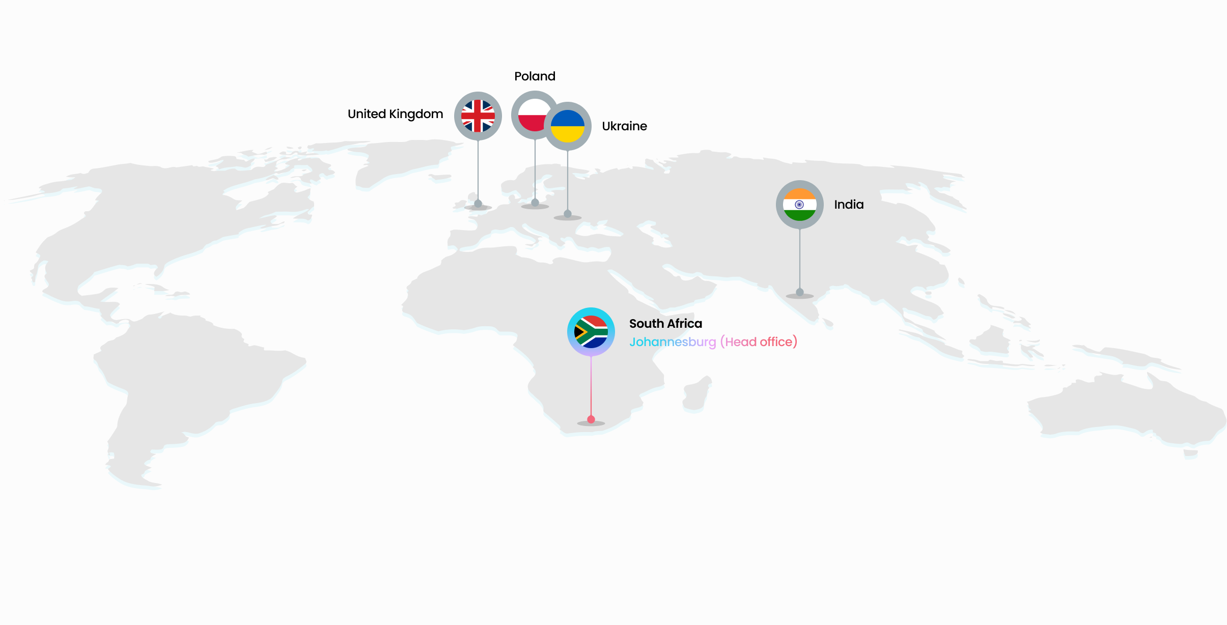 World map showing the SIVOXI delivery network: the Johannesburg head office in South Africa, plus partners in the United Kingdom, Poland, Ukraine, and India