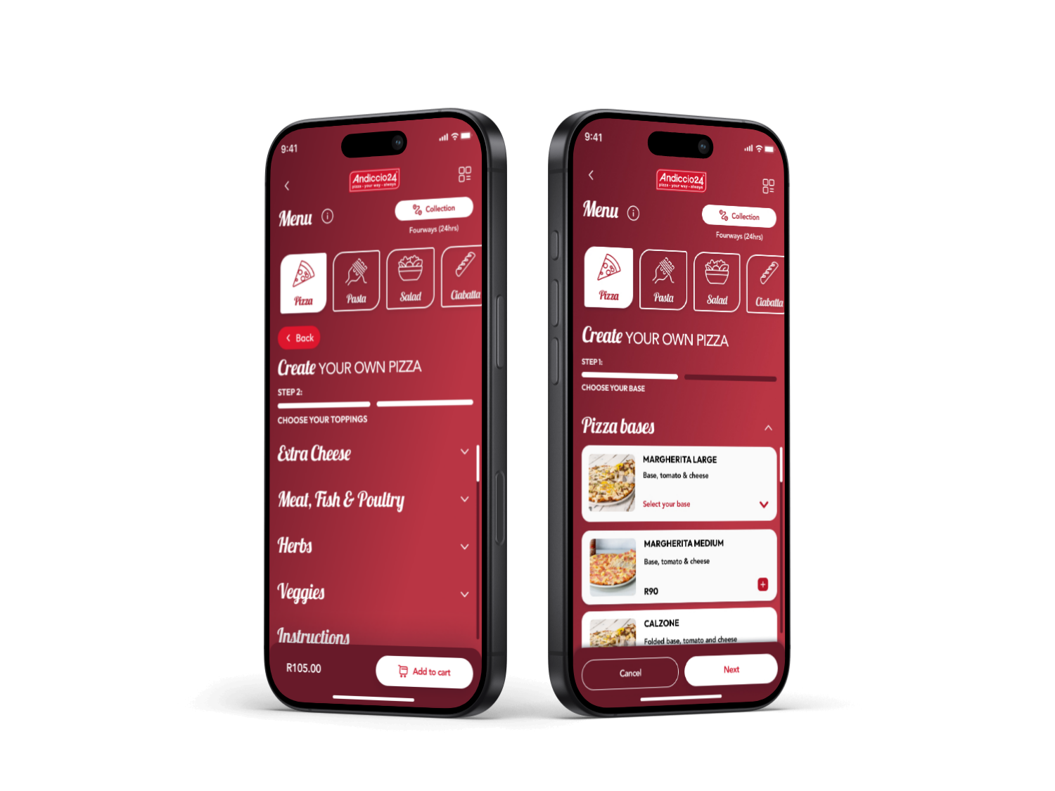 Andiccio24 custom pizza builder displayed on mobile phones