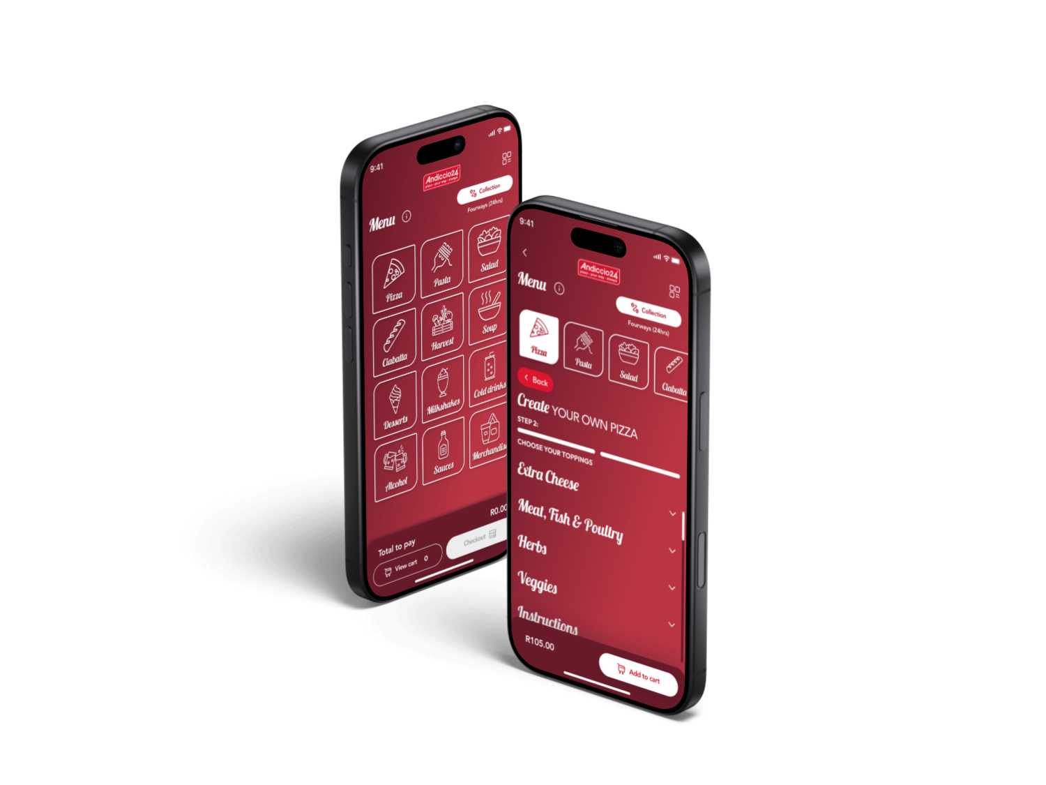 Andiccio24 menu displayed on two mobile phones