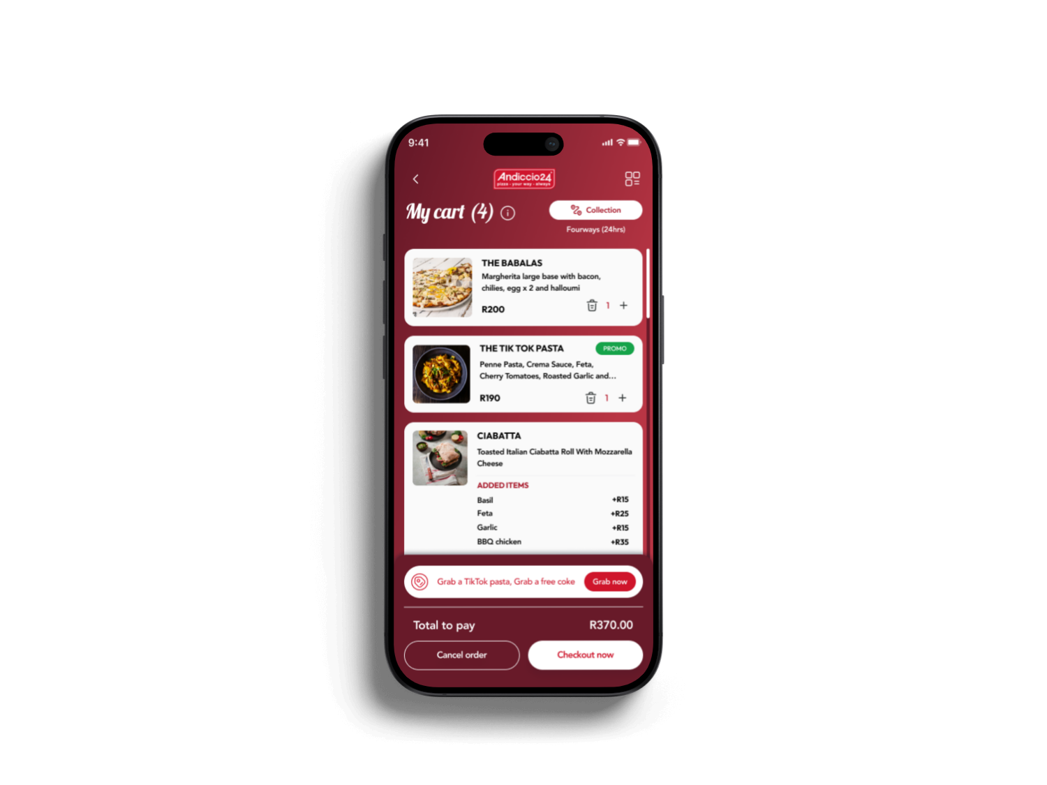 Andiccio24 shopping cart displayed on a mobile phone
