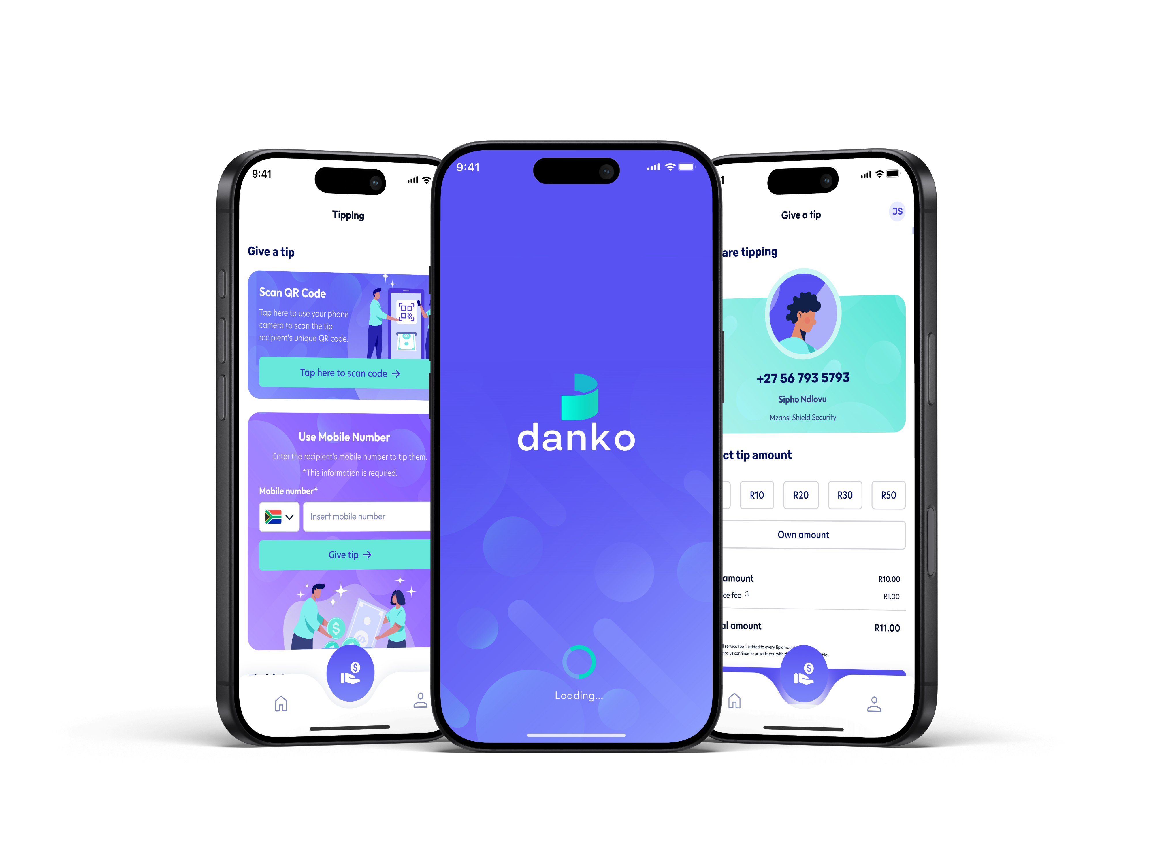 Danko digital tipping mobile application screens