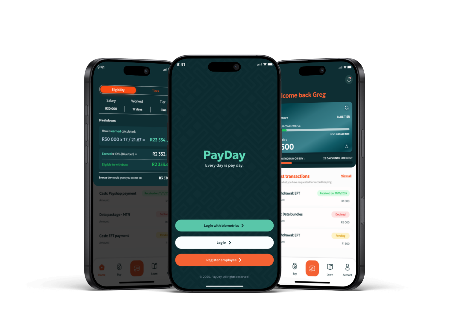 PayDay earned wage access application screens