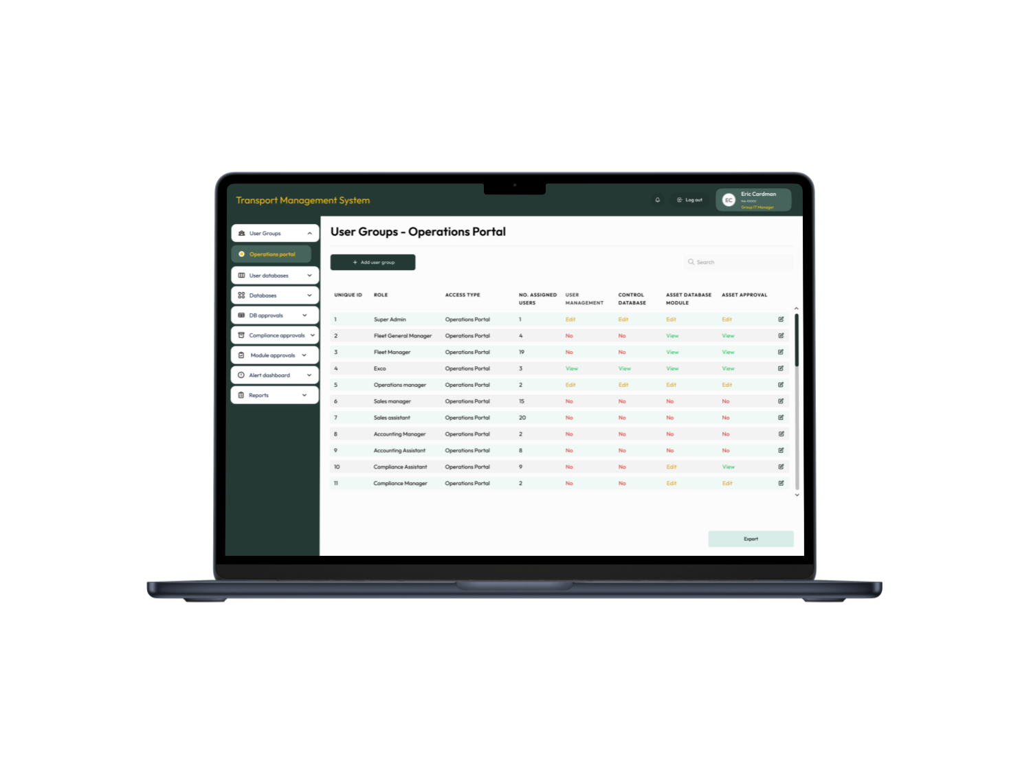 Transport Management System displayed on a laptop