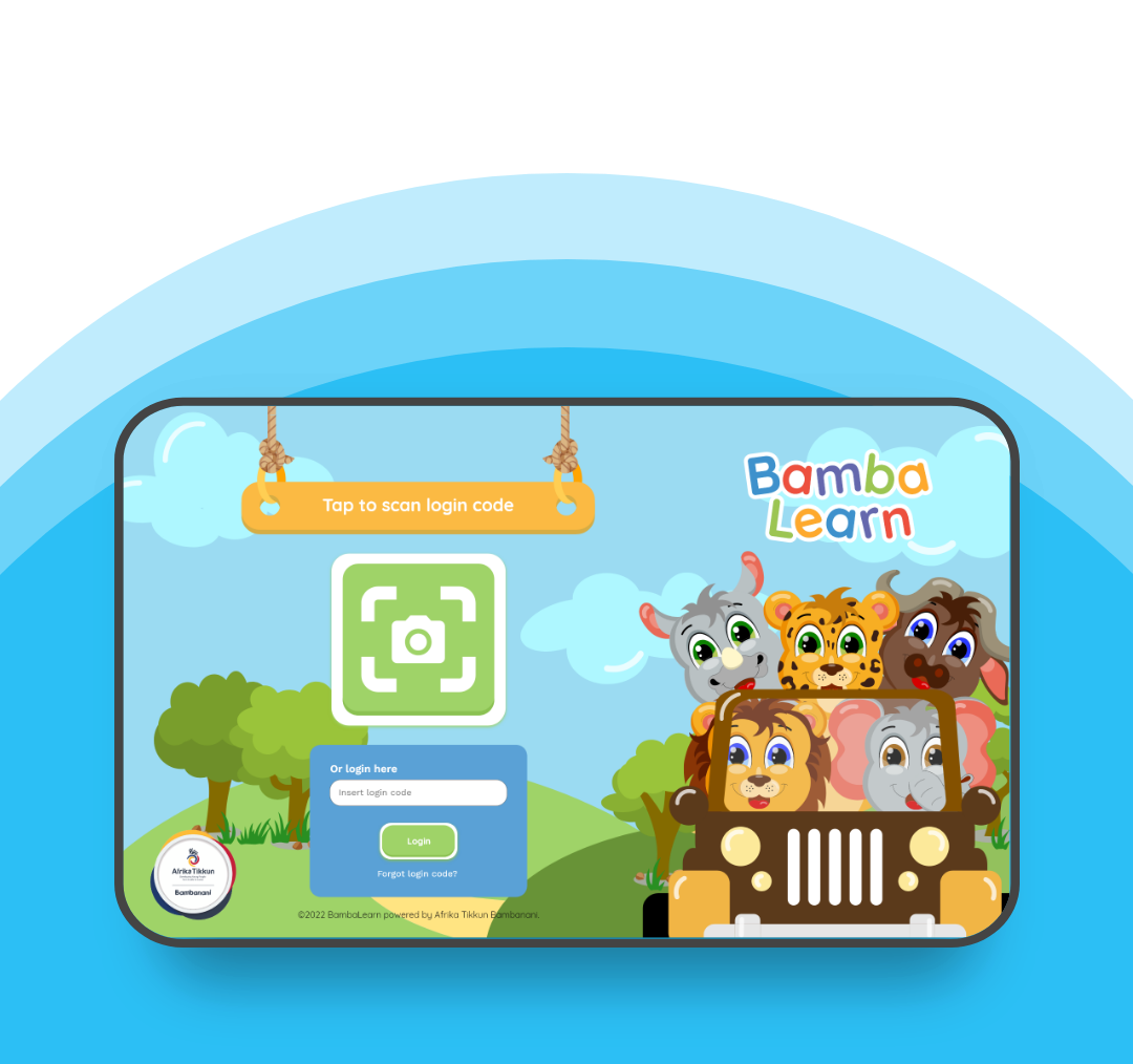 The Bamba Learn tablet app login screen with cartoon animal characters