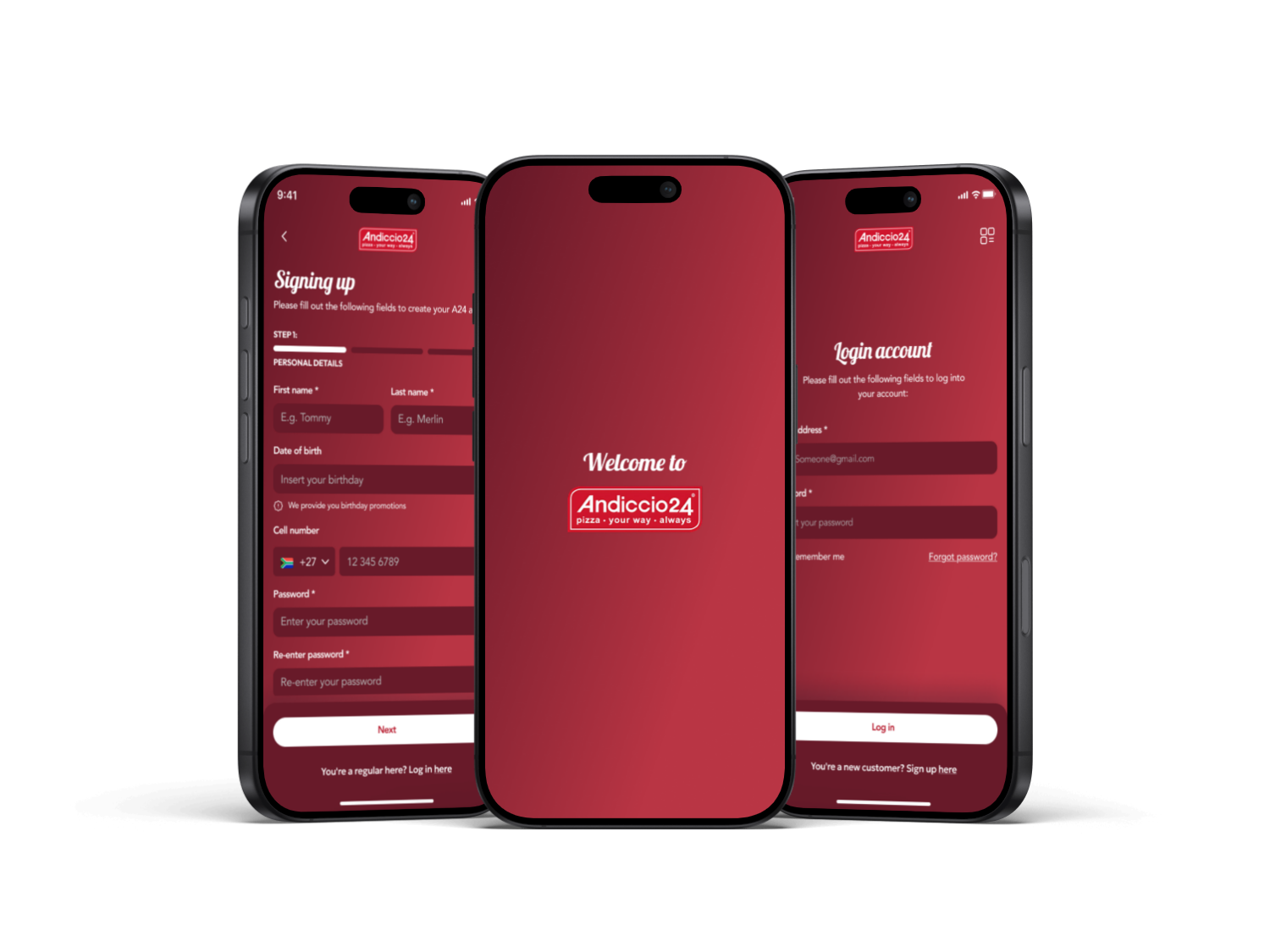 Andiccio24 digital ordering application shown across three mobile screens