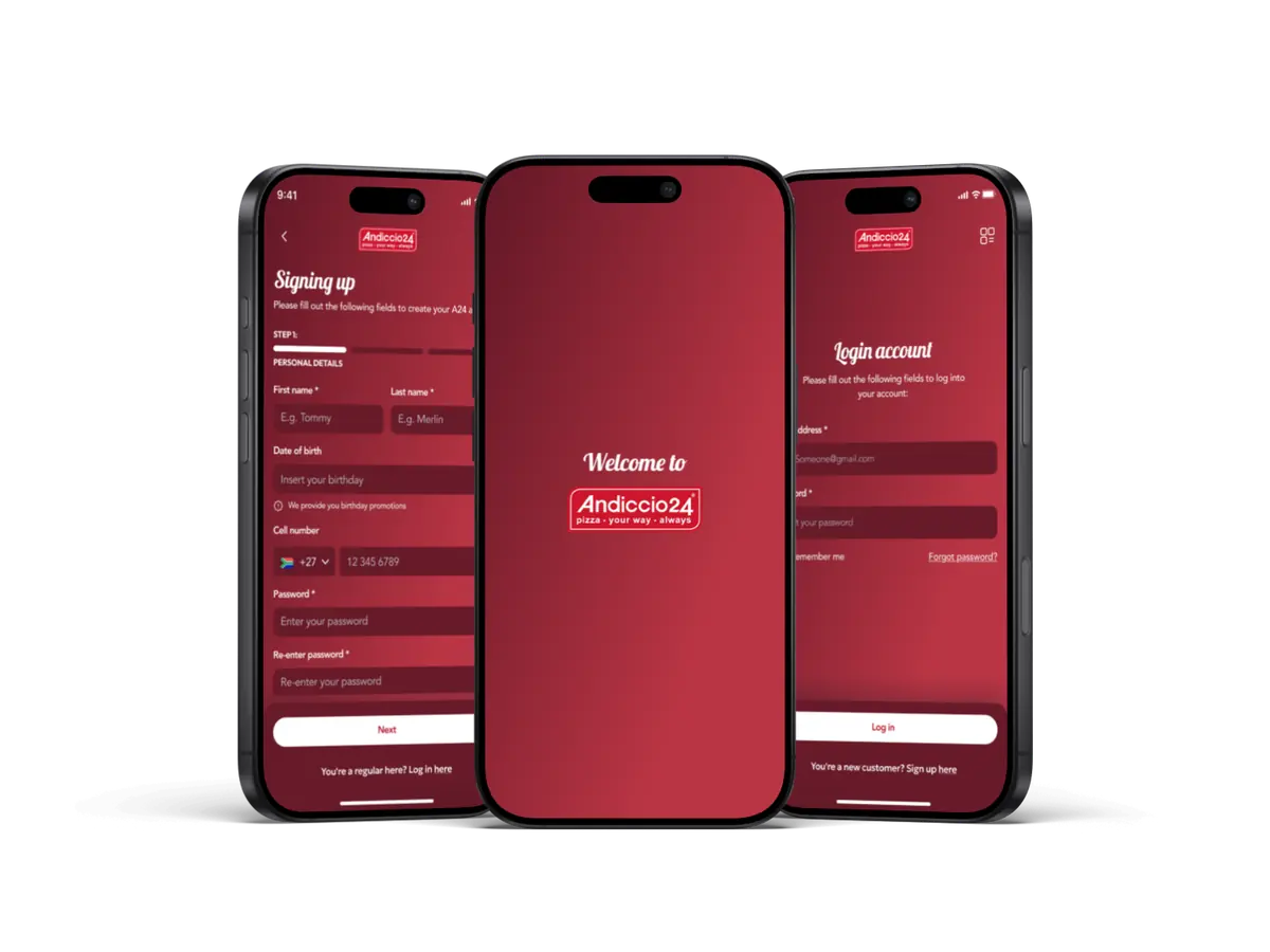 Andiccio24 digital ordering application shown across three mobile screens