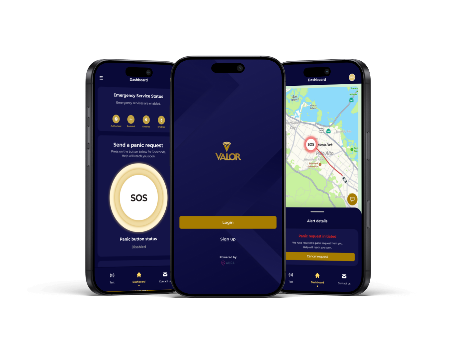 Valor emergency response application shown across three mobile screens