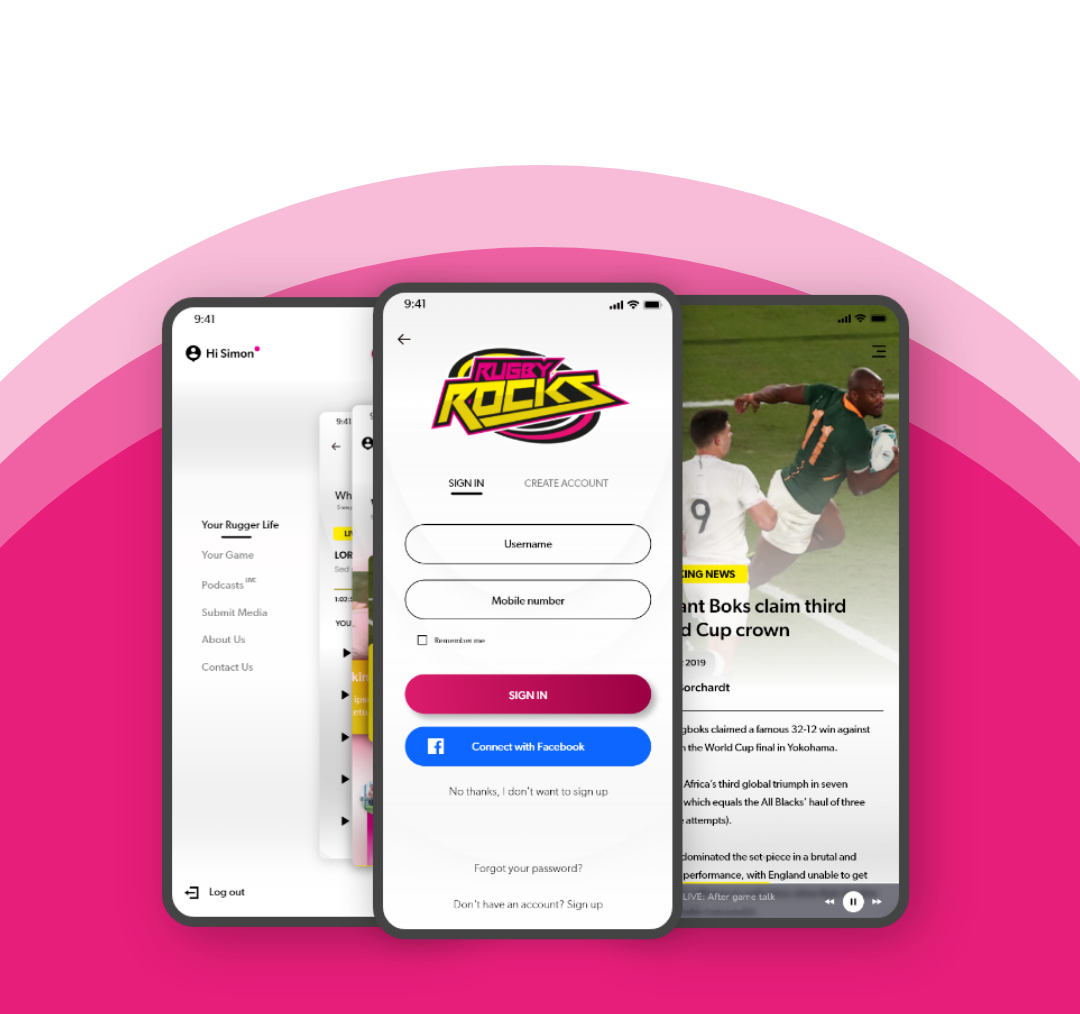 Rugby Rocks mobile app screens with sign-in and news feed